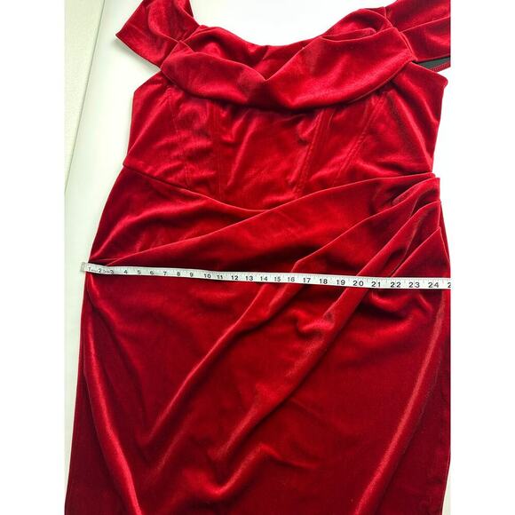 NWT Asos Design Curve Size 20 Drape Bardot Corset Red Velvet Pencil Midi Dress - Picture 10 of 15